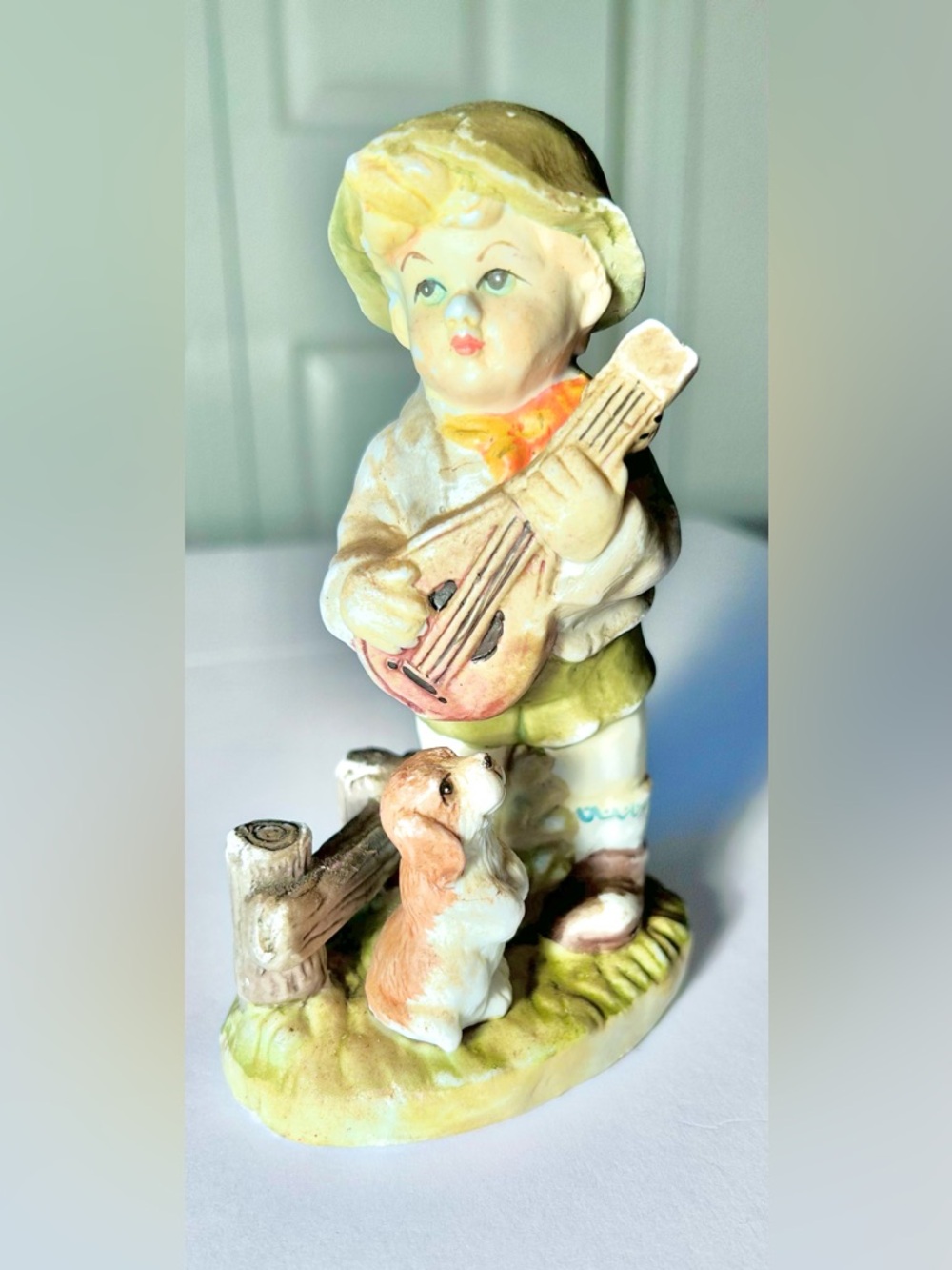 Vintage Antique Ceramic Home Decor Boy with Banjo and Dog Figurine